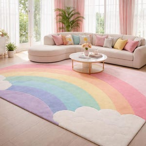 Kleiner Regenbogen Wollteppich mit Wolken, Teppich für Kinderzimmer und Wohnzimmer, Kinderzimmer Spielzimmer Dekor 150x220x230 cm