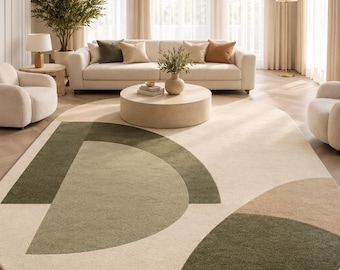 Hand Tufted Wool Area Rug, Olive Green Abstract Rug, Cream Geometric Modern Carpet, Organic Shape Living Room Rug, Custom Size