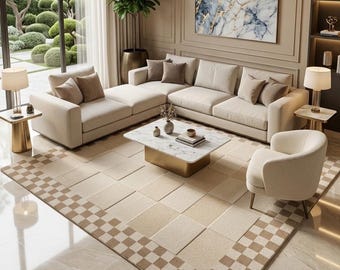 Hand Tufted Wool Area Rug, Cream Checkered Rug, Modern Geometric Carpet, Neutral Minimalist Living Room Rug, Luxury Custom Size Rug