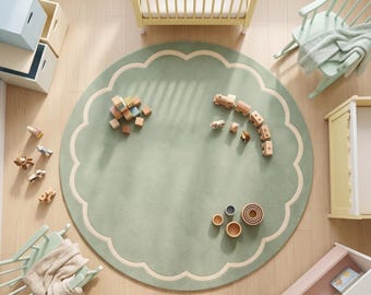 Hand Tufted Wool Area Rug, Round Green Scalloped Rug, Sage Green Nursery Rug, Organic Shaped Kids Room Carpet Modern Playroom Rug Home Decor