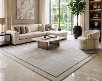 Hand Tufted Wool Area Rug, Minimalist Beige Grid Rug, Modern Geometric Neutral Carpet, Luxury Living Room Rug, Custom Size Handmade Rug