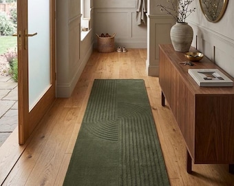 Hand Tufted Wool Area Rug, 3x12 Green Hallway Runner, Modern Long Runner Rug, Luxury Minimalist Carpet, Custom Size Floor Decor