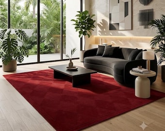 Hand Tufted Wool Area Rug, Burgundy Red Rug, Solid Wine Red Carpet, Modern Minimalist Rug, Luxury Living Room & Bedroom Decor