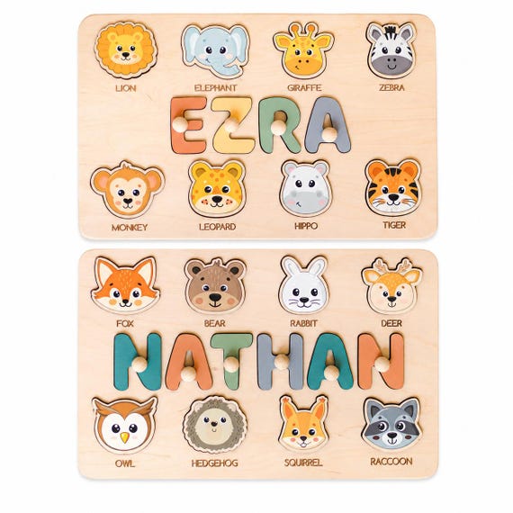 A custom wooden name puzzle where each letter doubles as a hand-painted safari or woodland animal — genuinely charming, tactile, and personalizable in a way mass-produced toys can't touch.