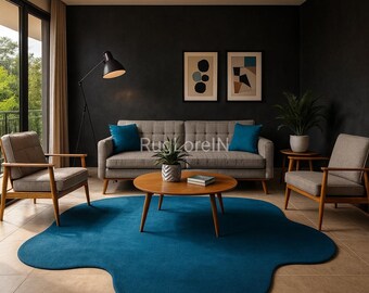 6×9ft Handmade Tufted Blue Abstract Rug, Modern Cloud Shape Area Rug, Luxury Living Room Carpet, Contemporary Home Decor, Custom Wool Rug.