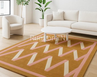 7×10ft/8×10ft Hand Tufted Geometric Rug | Modern Mustard Pink Area Rug | Wool Carpet | Living Room Decor | Handmade Custom Rug 9×11ft.