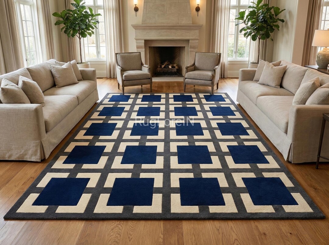 8×10ft Handmade Tufted Geometric Rug Blue & Ivory | Modern Luxury Wool ...