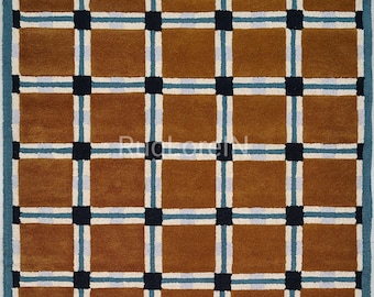 8 x 10 ft handgemaakt getuft geruit tapijt, bruin wollen vloerkleed, modern geruit tapijt, geometrisch tapijt op aangepast formaat, esthetische woondecoratie.