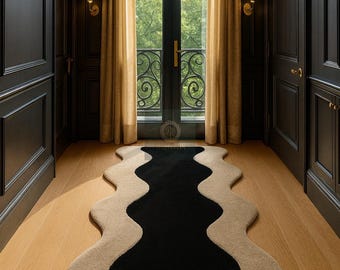 Handmade Wavy Tufted Runner, Black & Beige Hallway Rug, Abstract Irregular Carpet, Aesthetic Squiggle Decor, Custom Size.