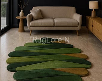 Alfombra abstracta verde con mechones hechos a mano de 1,5 x 2,4 m, alfombra de forma irregular, alfombra moderna hecha a mano, decoración de sala de estar verde terroso, alfombra artística con piso ondulado.
