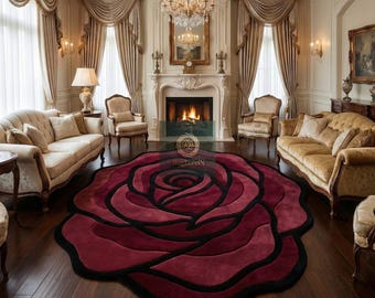 Handmade Round Rose Rug, Tufted Floral Carpet, Red Flower Area Rug, Aesthetic Circle Decor, Bedroom Carpet, Living Room Art 6×6ft/7×7ft.
