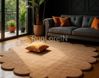 6×9ft Handmade Tufted Scalloped Rug | Modern Beige Area Rug | Aesthetic Living Room Carpet | Floral Shape Soft Rug | Luxury Home Decor.