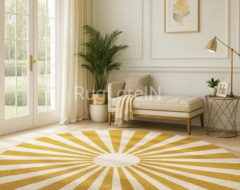 Round Sunburst Rug, Yellow Tufted Rug, Neutral Boho Area Rug, Modern Circle Carpet, Handmade Wool Living Room Rug, Scandinavian Home Decor.