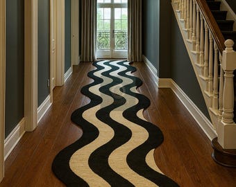 Handmade Wavy Runner Rug, Black Cream Tufted Squiggle Carpet, Modern Abstract Hallway Decor, Irregular Shape Statement Floor Art.