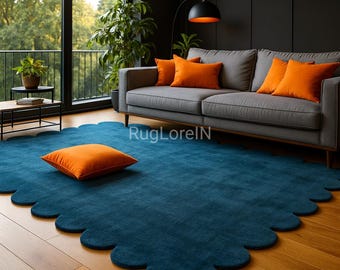 8×10ft/9×12ft Handmade Tufted Blue Scallop Rug, Modern Luxury Area Rug, Abstract Wavy Carpet, Minimalist Living Room Décor, Custom Wool Rug.