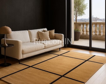 Dywan kratkowy 8×10 stóp, minimalistyczny dywan wełniany, beżowy dywan o geometrycznym wzorze, nowoczesny wystrój salonu w stylu Japandi, dywan na zamówienie 9×12 stóp/10×14 stóp.