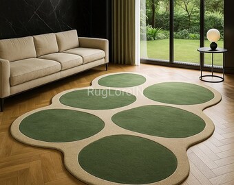8×10ft Hand Tufted Green Pebble Rug, Modern Abstract Area Rug, Organic Shape Carpet, Minimalist Living Room Decor, Handmade Wool Rug.