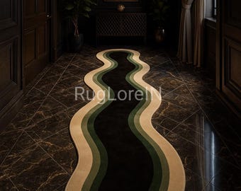 3×16ft Handmade Tufted Wavy Runner Rug, Modern Abstract Hallway Carpet, Black Green Beige Luxury Wool Runner, Custom Size Corridor Rug.
