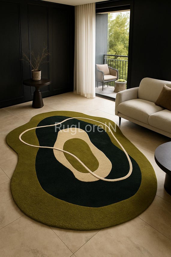 5×8ft Handmade Tufted Rug, Abstract Green Moss Area Rug, Irregular Wavy Shape Carpet, Funky Aesthetic Room Decor, Modern Organic Floor Rug.