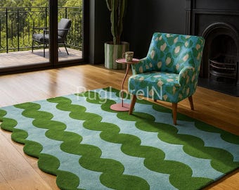 8×10ft Hand Tufted Wavy Rug, Green Irregular Shape Area Rug, Abstract Wool Carpet, Modern Living Room Decor, Unique Floor Rug 7×10/6×9.