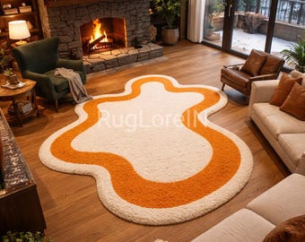5×8ft/6×9ft Handmade Abstract Tufted Rug, Modern Cream & Orange Area Rug, Luxury Living Room Carpet, Custom Home Decor 7×10/8×10/9×12.