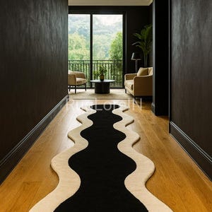3×14ft Black and Ivory Wave Runner Rug, Handmade Tufted Hallway Carpet, Modern Abstract Area Rug, Luxury Home Decor, Contemporary Floor Rug