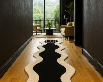 3×14ft Black and Ivory Wave Runner Rug, Handmade Tufted Hallway Carpet, Modern Abstract Area Rug, Luxury Home Decor, Contemporary Floor Rug