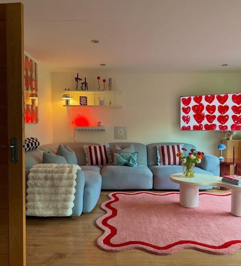 5×8ft Pink Wavy Handmade Tufted Rug, Irregular Squiggly Area Rug, Funky Danish Pastel Home Decor, Cute Maximalist Aesthetic Rug 6×9/7×10. image 2