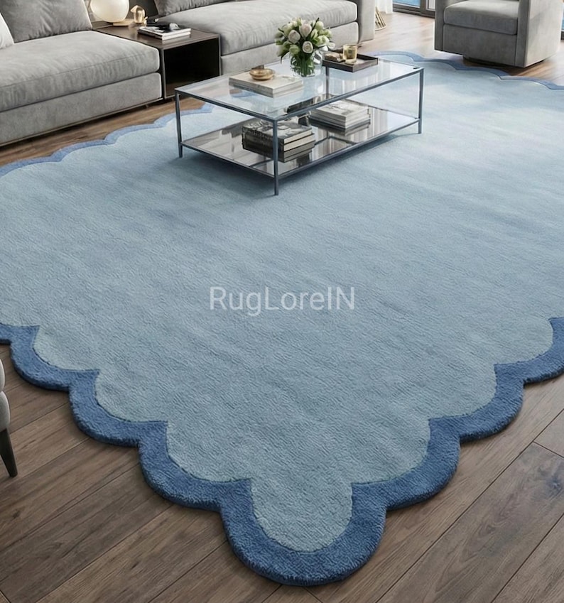 Blue Shell Shapped Rug Large Scalloped Wool Rug, Light Blue Tufted Area Rug for Living Room ...