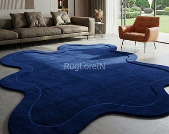 8×10ft Cobalt Blue Irregular Shaped Tufted Rug, Large Organic Wavy Area Rug for Living Room, Handmade Modern Aesthetic Plush Carpet 9×12ft.