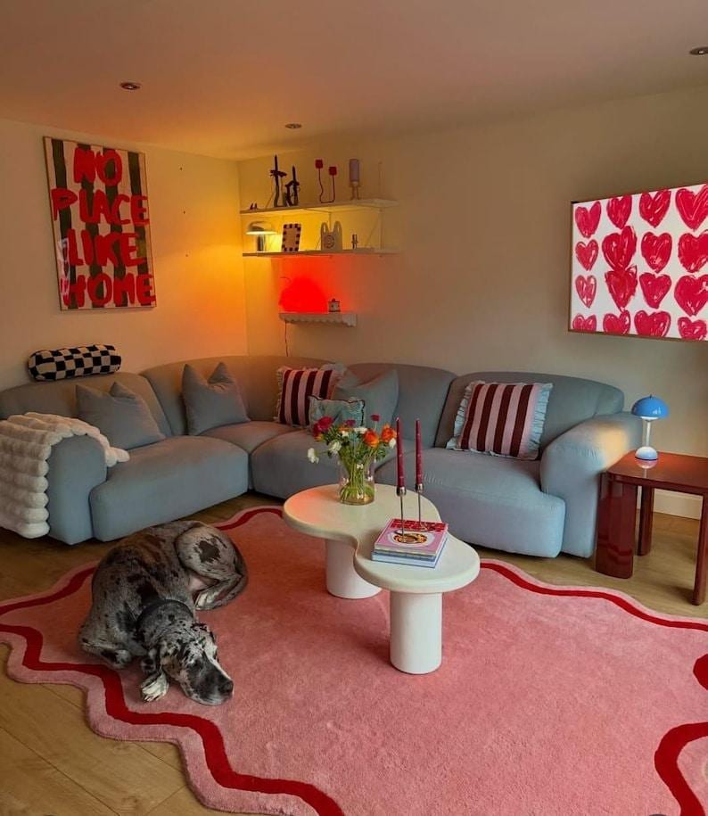 5×8ft Pink Wavy Handmade Tufted Rug, Irregular Squiggly Area Rug, Funky Danish Pastel Home Decor, Cute Maximalist Aesthetic Rug 6×9/7×10. image 3