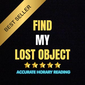 May include: A black background with the text "FIND MY LOST OBJECT" in yellow and white. The words "BEST SELLER" are in gold on a diagonal banner. Five gold stars are below the text, with the words "ACCURATE HORARY READING" in blue.