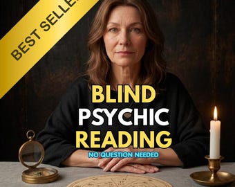 May include: A person with brown hair wearing a black sweater sits behind a table with a circular astrological chart, a brass compass, and a lit white candle. Text reads: BEST SELLER, BLIND PSYCHIC READING, NO QUESTION NEEDED.