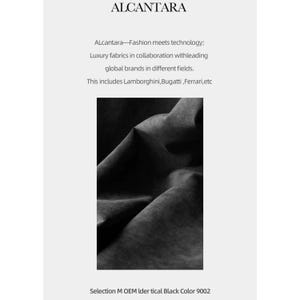 May include: The image displays a close-up of black fabric with visible folds and textures. The text at the top reads "ALCANTARA." Additional text describes the fabric's collaboration with global brands. The bottom text states "Selection M OEM Ider tical Black Color 9002."