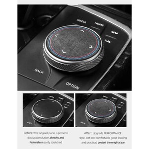 May include: A silver and black car control knob with directional arrows and text labels for media, home, map, and navigation. The knob has a textured center with red and blue accents. The image also shows before and after comparisons.