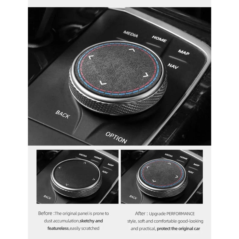 May include: A silver and black car control knob with directional arrows and text labels for media, home, map, and navigation. The knob has a textured center with red and blue accents. The image also shows before and after comparisons.