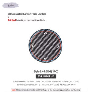 May include: A round car accessory with a carbon fiber pattern, featuring blue and red decorative stitching. The text reads "3D Simulated Carbon Fiber Leather" and "Style B / 4.6CM (1PC)". Suitable for BMW 1, 3, 4, 5, and X series models.