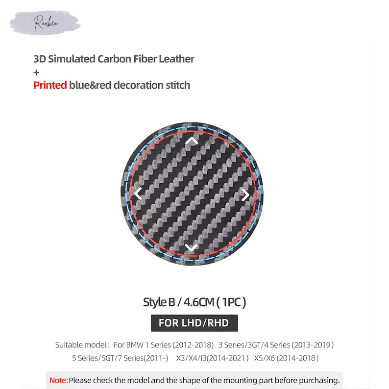 May include: A round car accessory with a carbon fiber pattern, featuring blue and red decorative stitching. The text reads "3D Simulated Carbon Fiber Leather" and "Style B / 4.6CM (1PC)". Suitable for BMW 1, 3, 4, 5, and X series models.