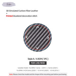 May include: A round car accessory with a carbon fiber pattern, featuring blue and red decorative stitching. The text reads "3D Simulated Carbon Fiber Leather" and "Printed blue&red decoration stitch". The accessory is 4.9 cm in diameter.
