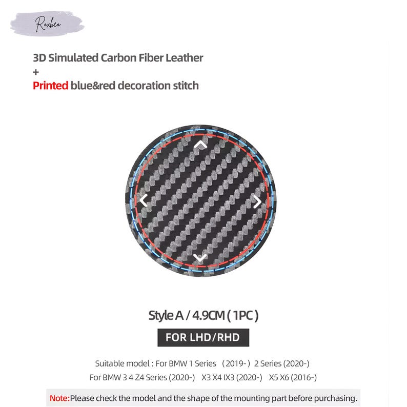 May include: A round car accessory with a carbon fiber pattern, featuring blue and red decorative stitching. The text reads "3D Simulated Carbon Fiber Leather" and "Printed blue&red decoration stitch". The accessory is 4.9 cm in diameter.