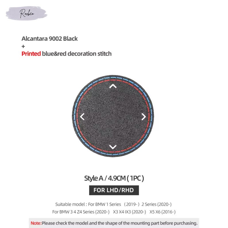 May include: A round, black car interior part with blue and red decorative stitching. The text "Alcantara 9002 Black" and "Printed blue&red decoration stitch" are visible. The part is 4.9 cm in diameter.