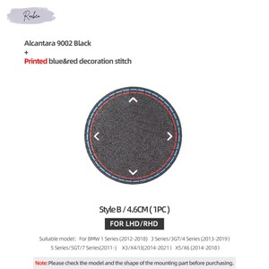 May include: A black circular car part with blue and red decorative stitching. The text "Alcantara 9002 Black" and "Printed blue&red decoration stitch" are visible. The part is 4.6 cm in diameter.