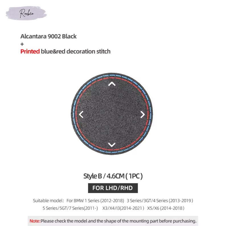 May include: A black circular car part with blue and red decorative stitching. The text "Alcantara 9002 Black" and "Printed blue&red decoration stitch" are visible. The part is 4.6 cm in diameter.