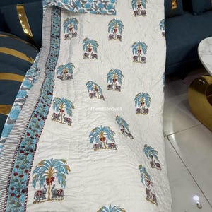 Indian Block Print Cotton Leaf Quilt : Handmade Reversible Jaipuri Razai Bedspread, Home Decor