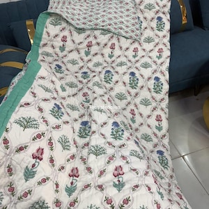 Indian Hand Block Print Cotton Quilt : Reversible Floral Bedspread Jaipuri Razai Comforter
