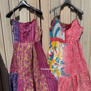 Boho Kantha-klänning – Lång sommarklänning i bomull, hållbara hippiekläder, etiskt tillverkad lapptäcksklänning, fri storlek maxi boho-tyg