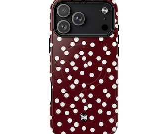 Funda para teléfono con estampado de lunares blancos / Funda magnética resistente, fondo burdeos
