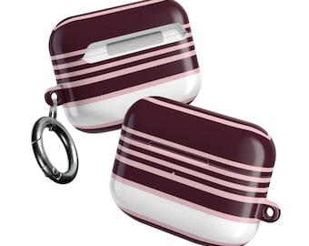 Estuche para AirPods con diseño degradado de rayas granates y líneas horizontales blancas y rosas
