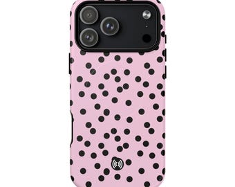 Funda para iPhone rosa y negra con lunares / Funda magnética resistente