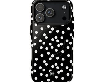 Funda para teléfono negra con estampado de lunares blancos / Funda magnética resistente